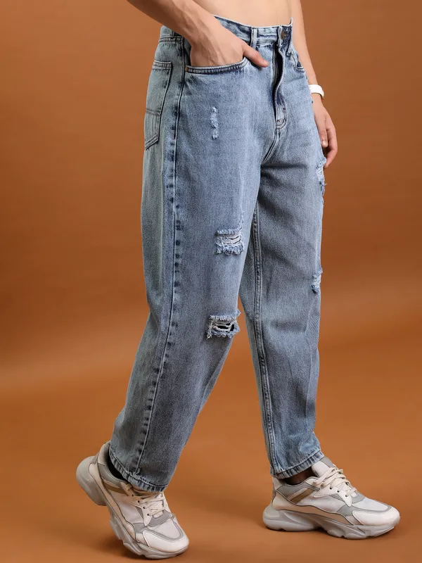 Purple By Highlander Men Blue Relaxed Fit Highly Distressed Jeans