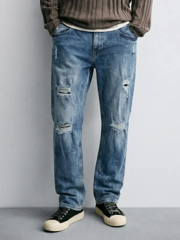 Purple By Highlander Men Blue Relaxed Fit Highly Distressed Jeans