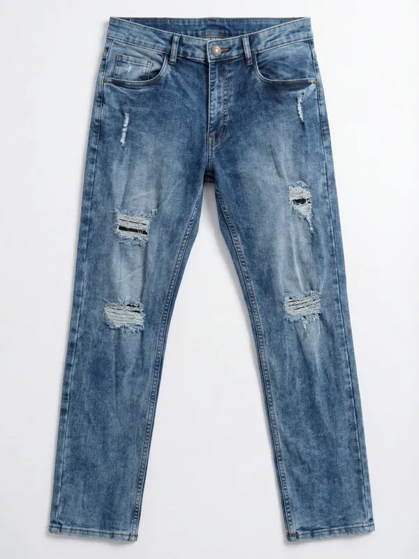 Purple By Highlander Men Blue Straight Fit Highly Distressed Stretchable Jeans