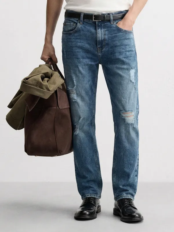 Purple By Highlander Men Blue Bootcut Highly Distressed Stretchable Jeans