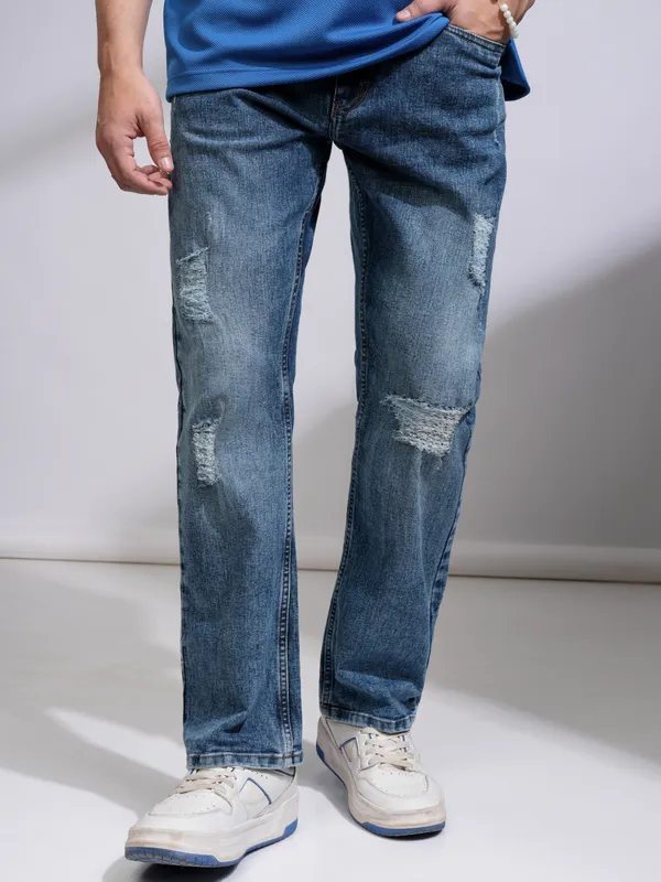 Purple By Highlander Men Blue Bootcut Highly Distressed Stretchable Jeans