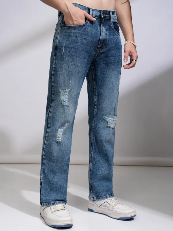 Purple By Highlander Men Blue Bootcut Highly Distressed Stretchable Jeans