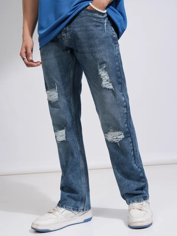 Highlander Men Blue Straight Fit Highly Distressed Stretchable Jeans