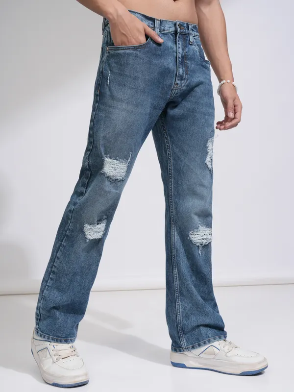 Highlander Men Blue Straight Fit Highly Distressed Stretchable Jeans