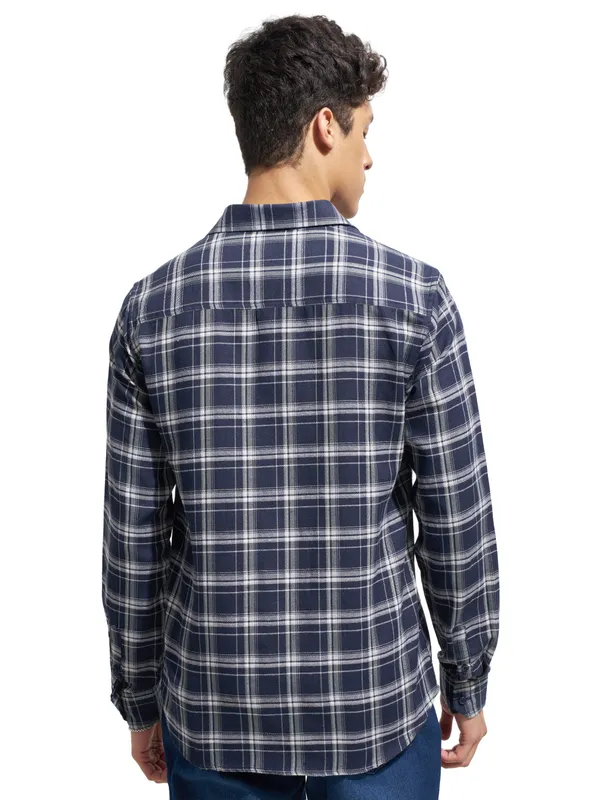 Purple By Highlander Men NavyChecked Slim Fit Casual Shirt