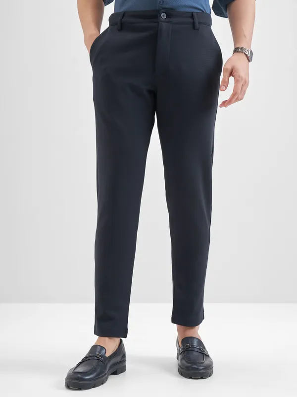 Purple By Highlander Men Navy Blue Tapered Fit Solid Chinos