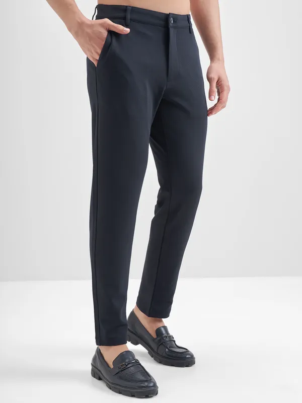 Purple By Highlander Men Navy Blue Tapered Fit Solid Chinos