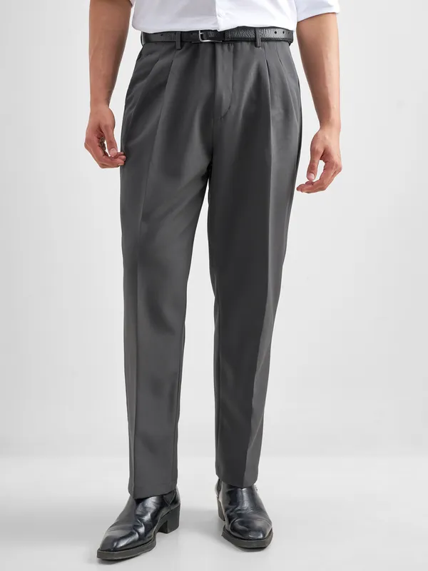 Purple By Highlander Men Grey Tapered Fit Solid Formal Trouser