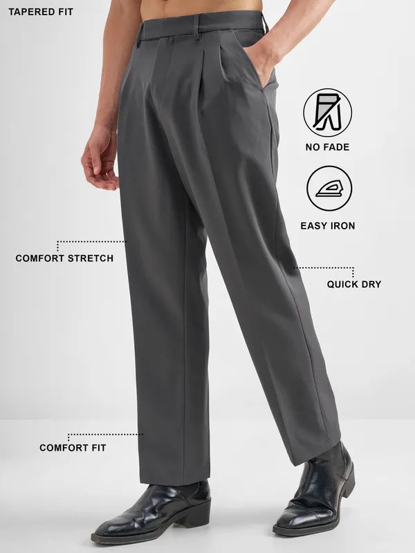 Purple By Highlander Men Grey Tapered Fit Solid Formal Trouser