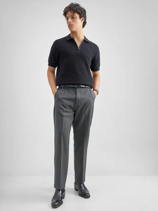 Purple By Highlander Men Grey Tapered Fit Solid Formal Trouser