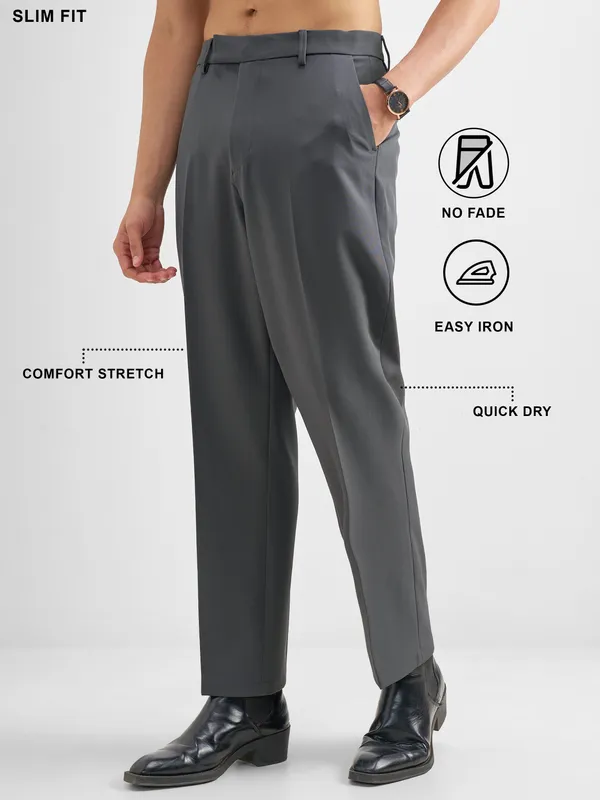 Purple By Highlander Men Grey Tapered Fit Solid Formal Trouser