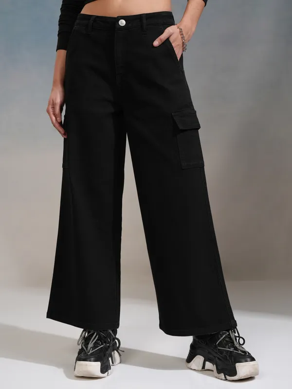 Tokyo Talkies Women Black Wide Leg Stretchable Jeans