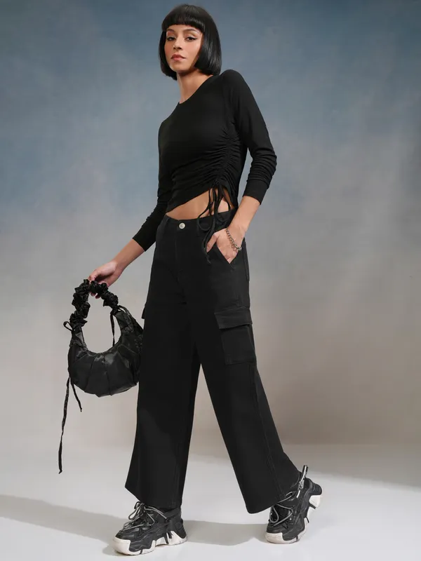 Tokyo Talkies Women Black Wide Leg Stretchable Jeans
