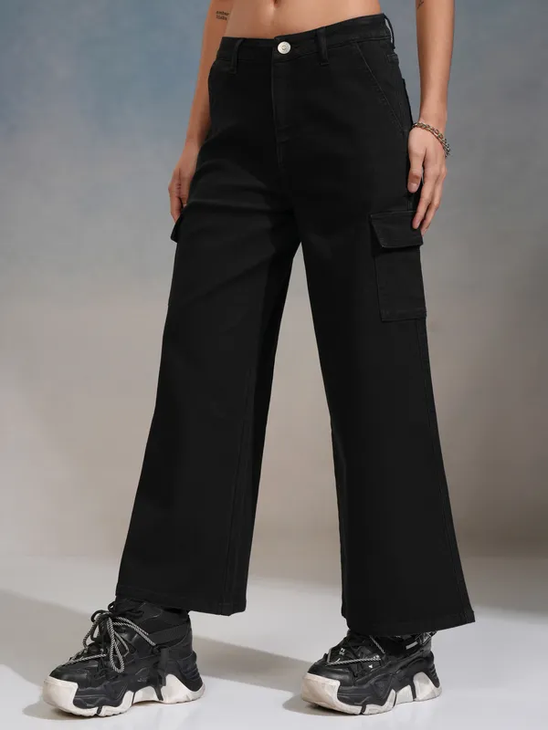 Tokyo Talkies Women Black Wide Leg Stretchable Jeans