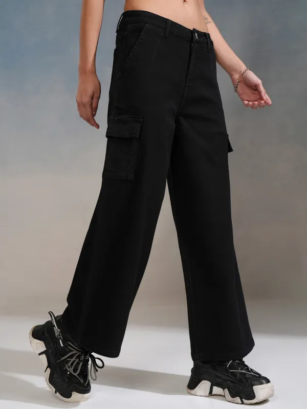 Tokyo Talkies Women Black Wide Leg Stretchable Jeans