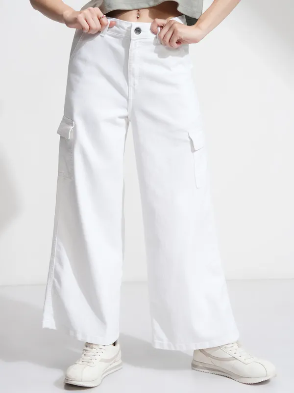 Tokyo Talkies Women White Wide Leg Stretchable Jeans