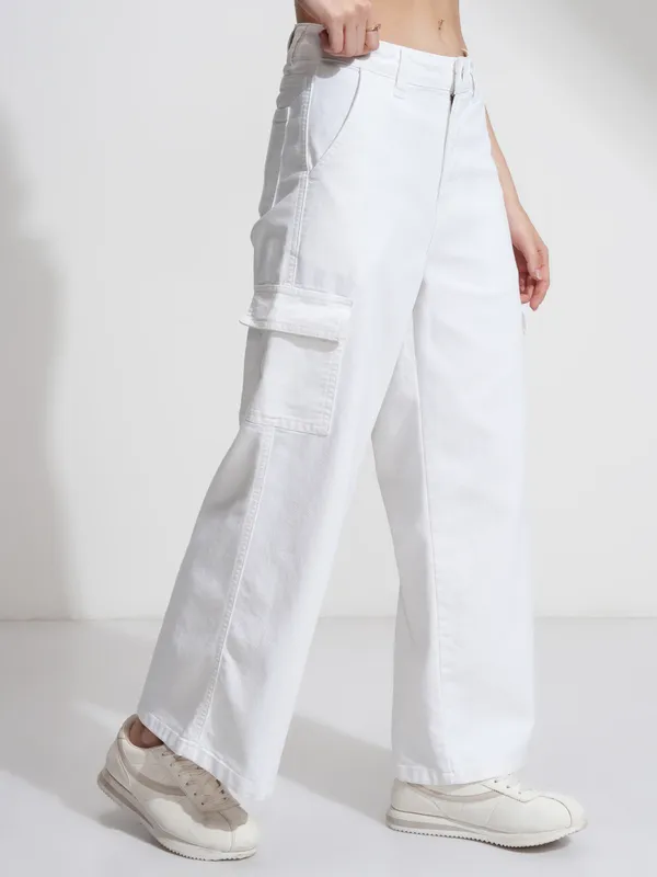 Tokyo Talkies Women White Wide Leg Stretchable Jeans