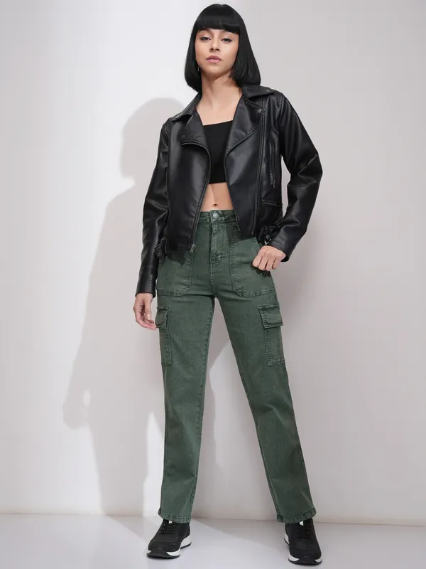 Tokyo Talkies Women Green Straight Fit Stretchable Jeans