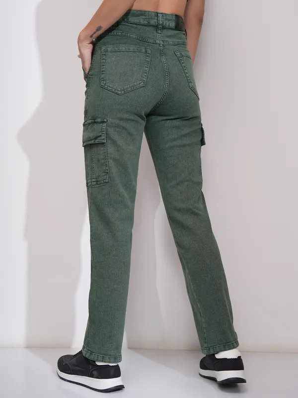 Tokyo Talkies Women Green Straight Fit Stretchable Jeans