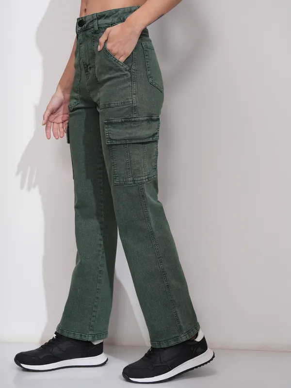 Tokyo Talkies Women Green Straight Fit Stretchable Jeans