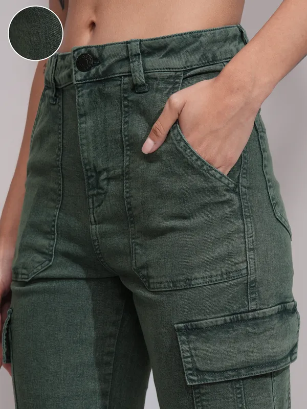 Tokyo Talkies Women Green Straight Fit Stretchable Jeans