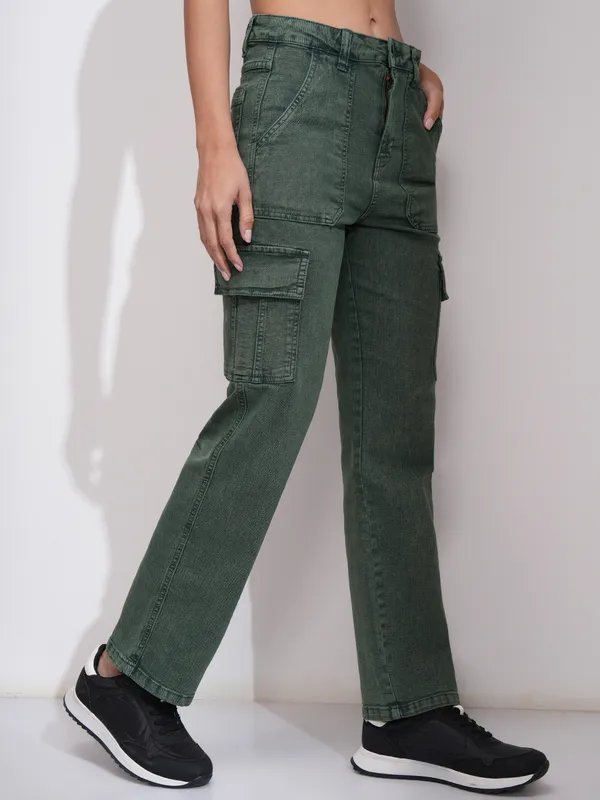 Tokyo Talkies Women Green Straight Fit Stretchable Jeans
