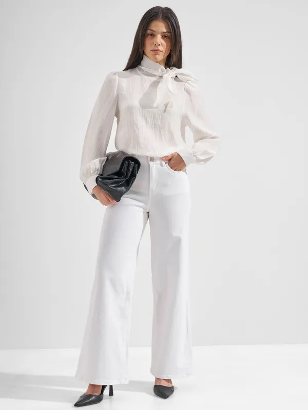 Tokyo Talkies Women White Wide Leg Jeans