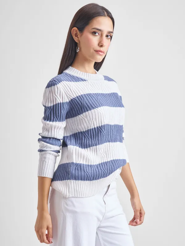 Tokyo Talkies Women Blue Round Neck Sweater