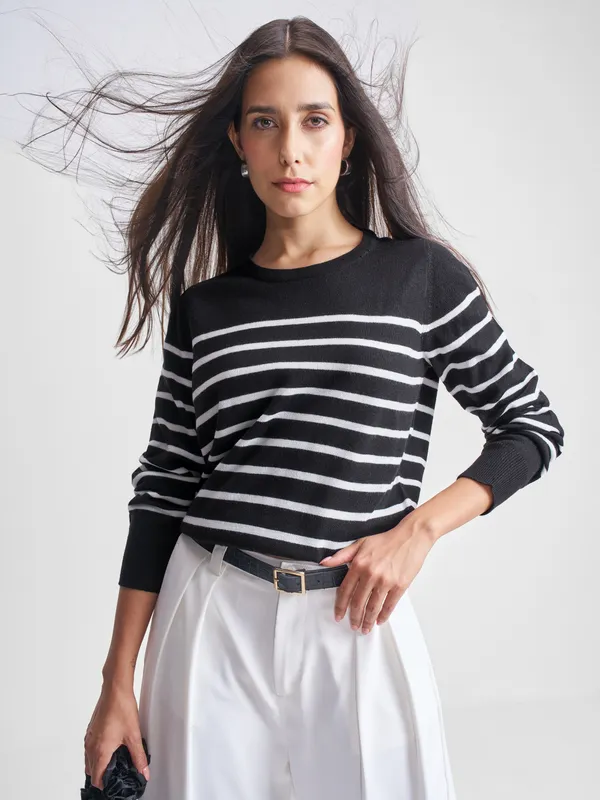 Tokyo Talkies Women Black Round Neck Sweater