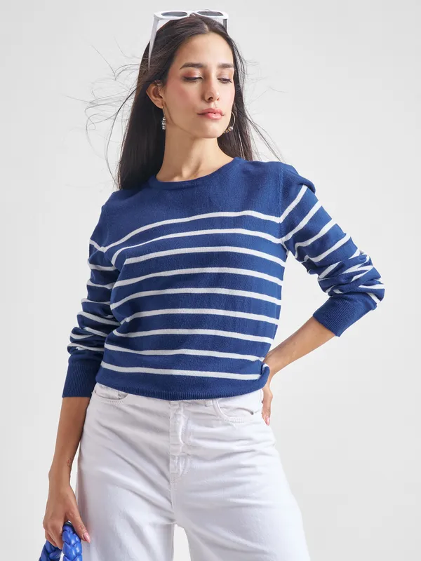 Tokyo Talkies Women Navy Blue Round Neck Sweater