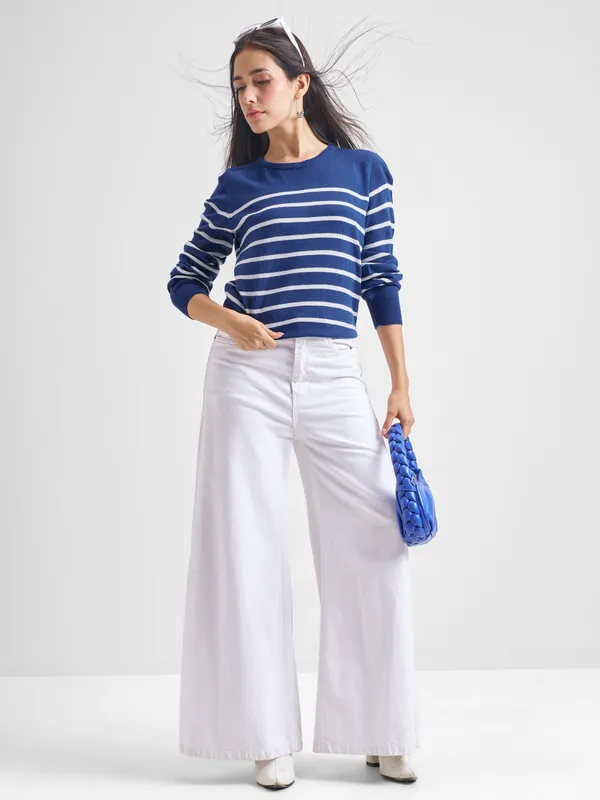 Tokyo Talkies Women Navy Blue Round Neck Sweater