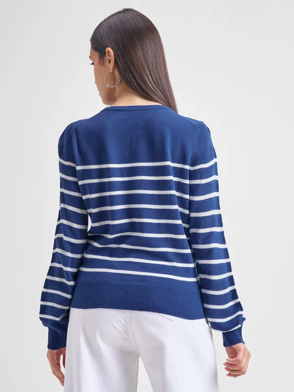 Tokyo Talkies Women Navy Blue Round Neck Sweater