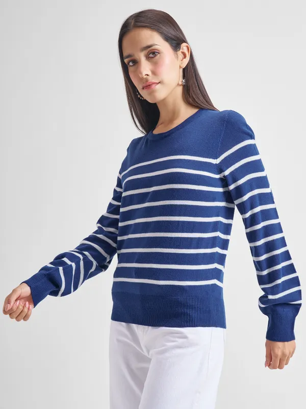 Tokyo Talkies Women Navy Blue Round Neck Sweater