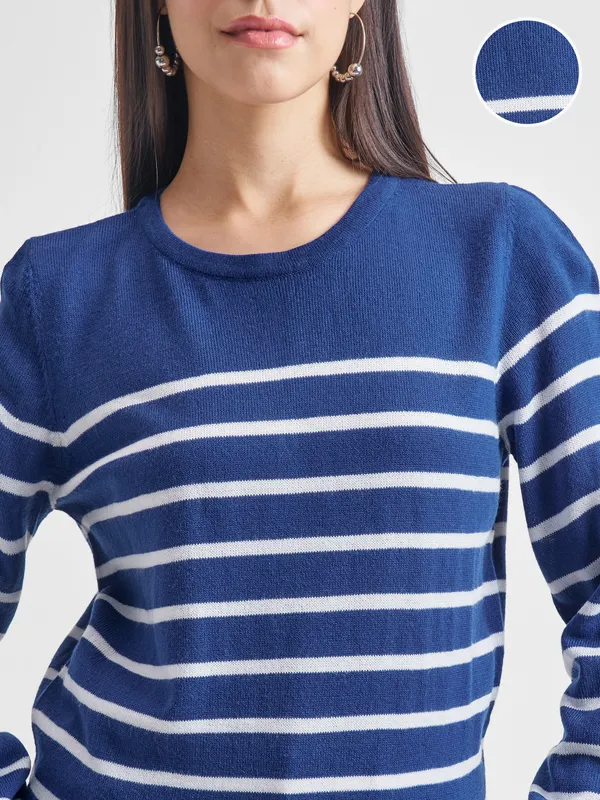 Tokyo Talkies Women Navy Blue Round Neck Sweater