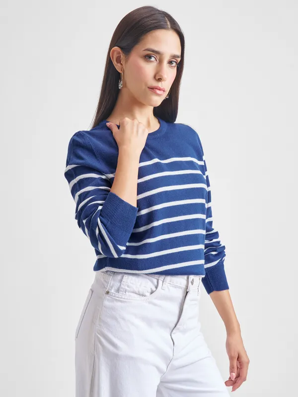 Tokyo Talkies Women Navy Blue Round Neck Sweater