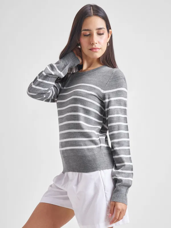 Tokyo Talkies Women Grey Round Neck Sweater