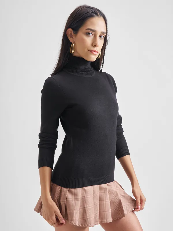 Tokyo Talkies Women Black Turtle Neck Sweater