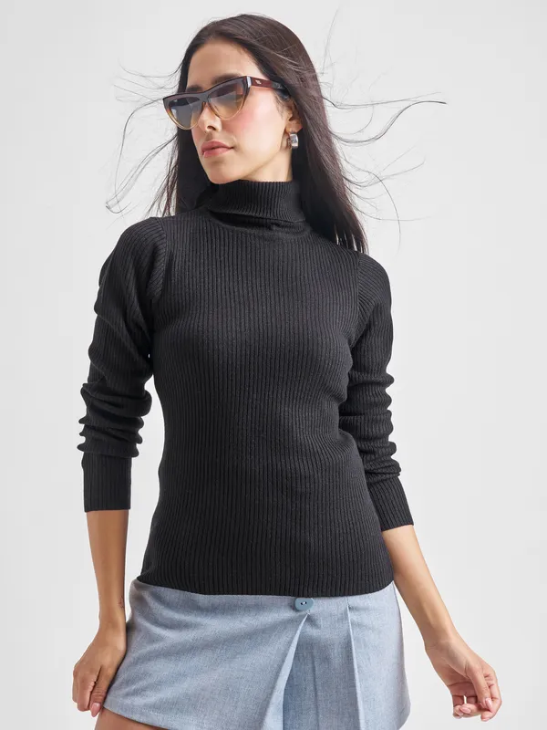 Tokyo Talkies Women Black Turtle Neck Sweater