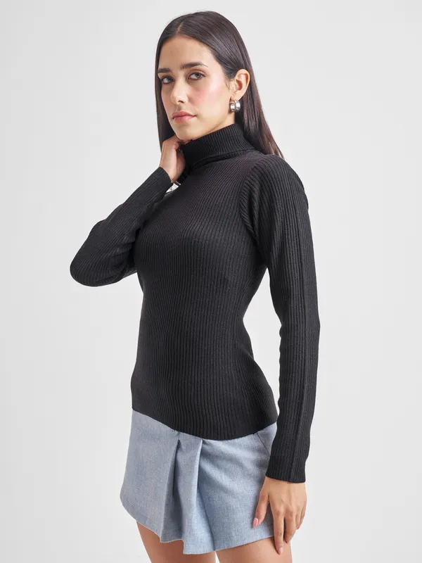 Tokyo Talkies Women Black Turtle Neck Sweater