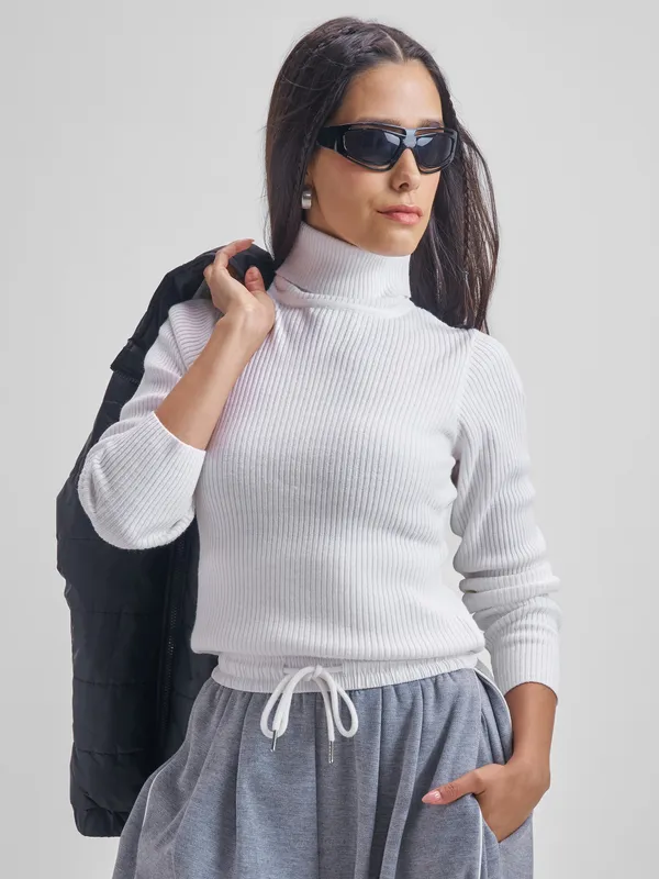 Tokyo Talkies Women White Turtle Neck Sweater