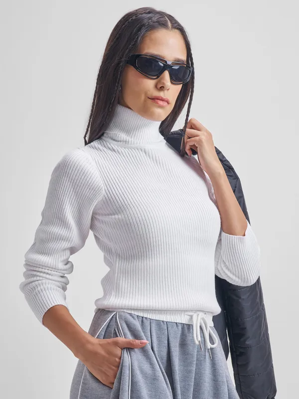 Tokyo Talkies Women White Turtle Neck Sweater