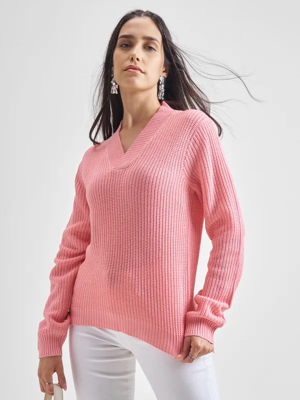 Tokyo Talkies Women Pink V-Neck Sweater