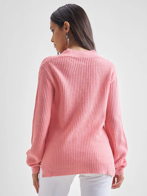 Tokyo Talkies Women Pink V-Neck Sweater