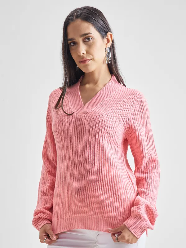 Tokyo Talkies Women Pink V-Neck Sweater