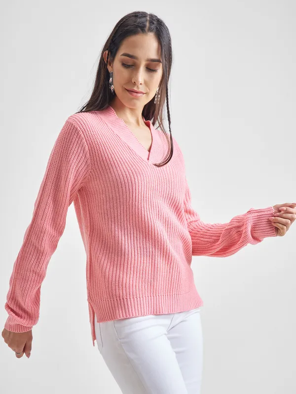 Tokyo Talkies Women Pink V-Neck Sweater