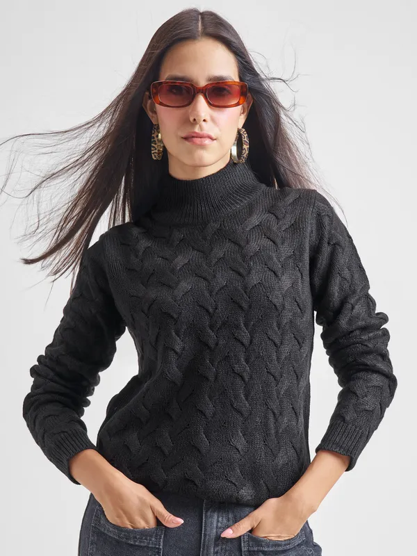 Tokyo Talkies Women Black High Neck Sweater