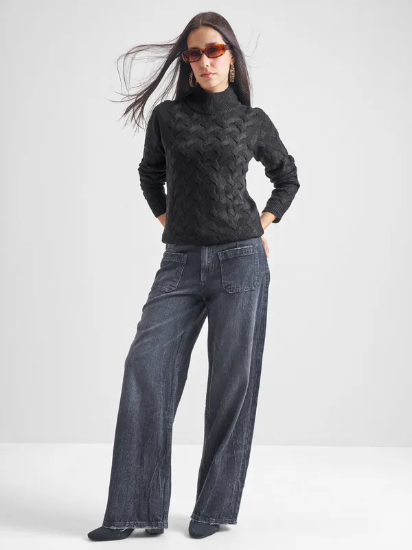 Tokyo Talkies Women Black High Neck Sweater