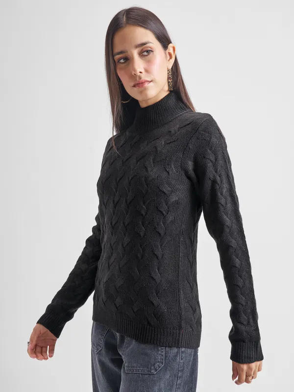 Tokyo Talkies Women Black High Neck Sweater