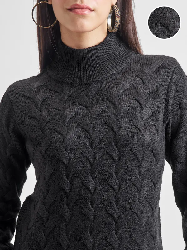 Tokyo Talkies Women Black High Neck Sweater