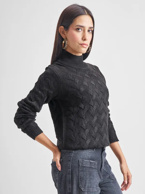 Tokyo Talkies Women Black High Neck Sweater